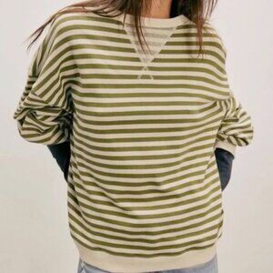 Free People Olive Green and Cream Striped Pullover Sweatshirt